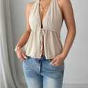SOLY HUX Women's Deep V Neck Tie Front Halter Crop Top Backless Textured Peplum Tank Shirts Date Outfits (Beige, S)
