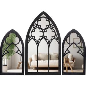 Gothic Mirrors Wall Decor - 3 Piece Set 15.8 Inch Gothic Furniture Cathedral Mirrors - Halloween Decor for Bathroom and Kitchen - Goth Accessories for Bedroom - Witchy Gifts for Women