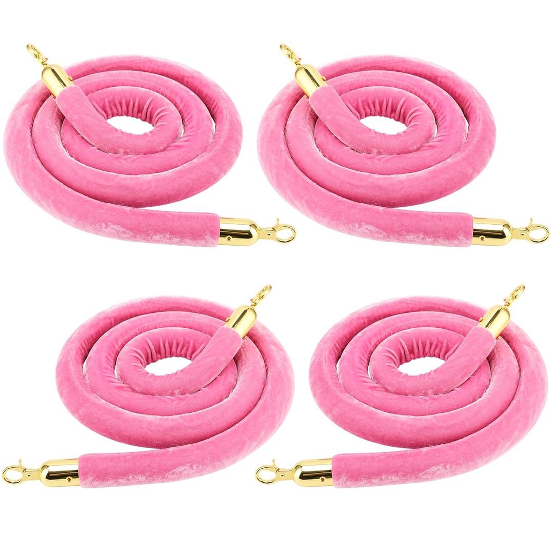 4 Pack 6.5 Feet Pink Velvet Rope Barrier, Velvet Stanchion Rope with Gold Hooks Velvet Hanging Rope for Movie Theaters, Parties, Hotels, Restaurants