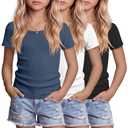 LessonZoo 3 Pack Girls Shirts Scoop Neck Ribbed T Shirts Teens Short Sleeve Slim Fit Summer Tees for Kids Age 5-14(Haze Blue, White, Black,13-14 Years)
