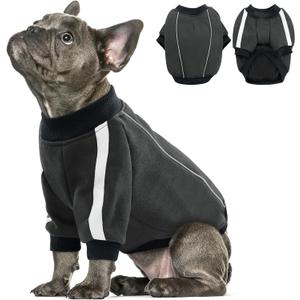 Queenmore Fleece Dog Sweater for Male Dogs, Soft Pullover Dog Sweatshirt with Leash Hole/Reflective Stripes Cozy Winter Fleece Jacket for Small Medium Large Boy Puppy, Grey L