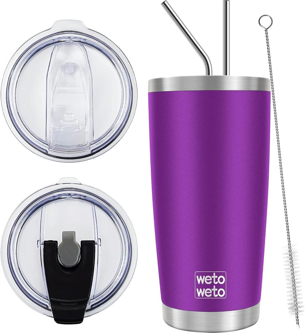WETOWETO 20oz Tumbler with 2 lids and 2 straws, Stainless Steel Vacuum Insulated Water Coffee Tumbler Cup, Double Wall Powder Coated Spill-Proof Travel Mug Thermal Cup (Purple, 1 Pack)