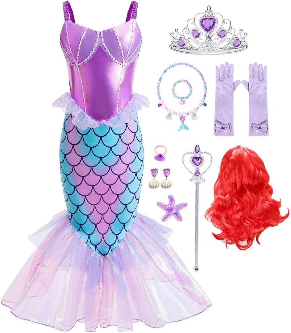 Little Girls Mermaid Costume Princess Dress Up Ariel Outfits with Accessories Wig Birthday Party Halloween Cosplay (4-5 Years, Purple)