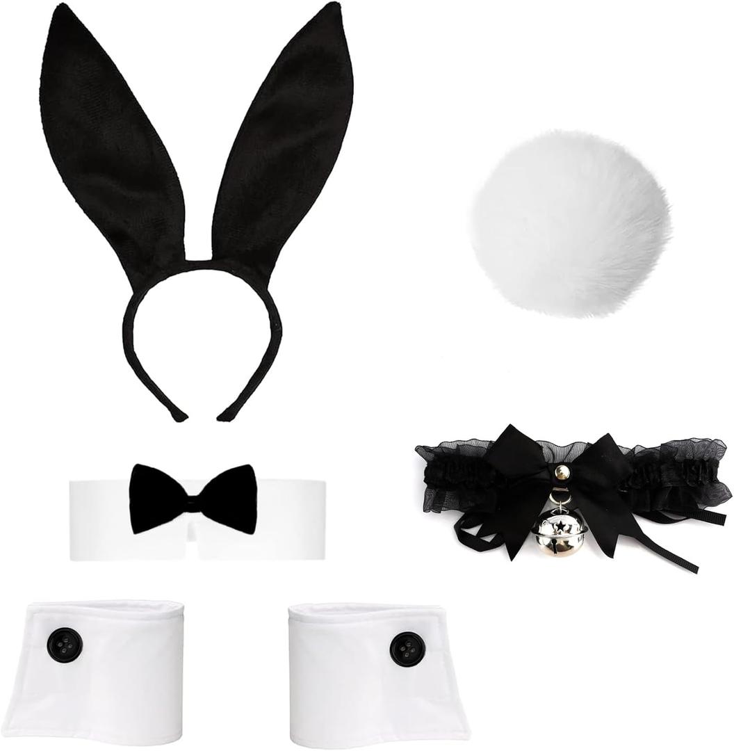 Rabbit Ear Headband,Bunny Costumes Set for Women,Pom-Pom Tail,Bow Tie,Bell Lace Neckline Knot Kit (Black)