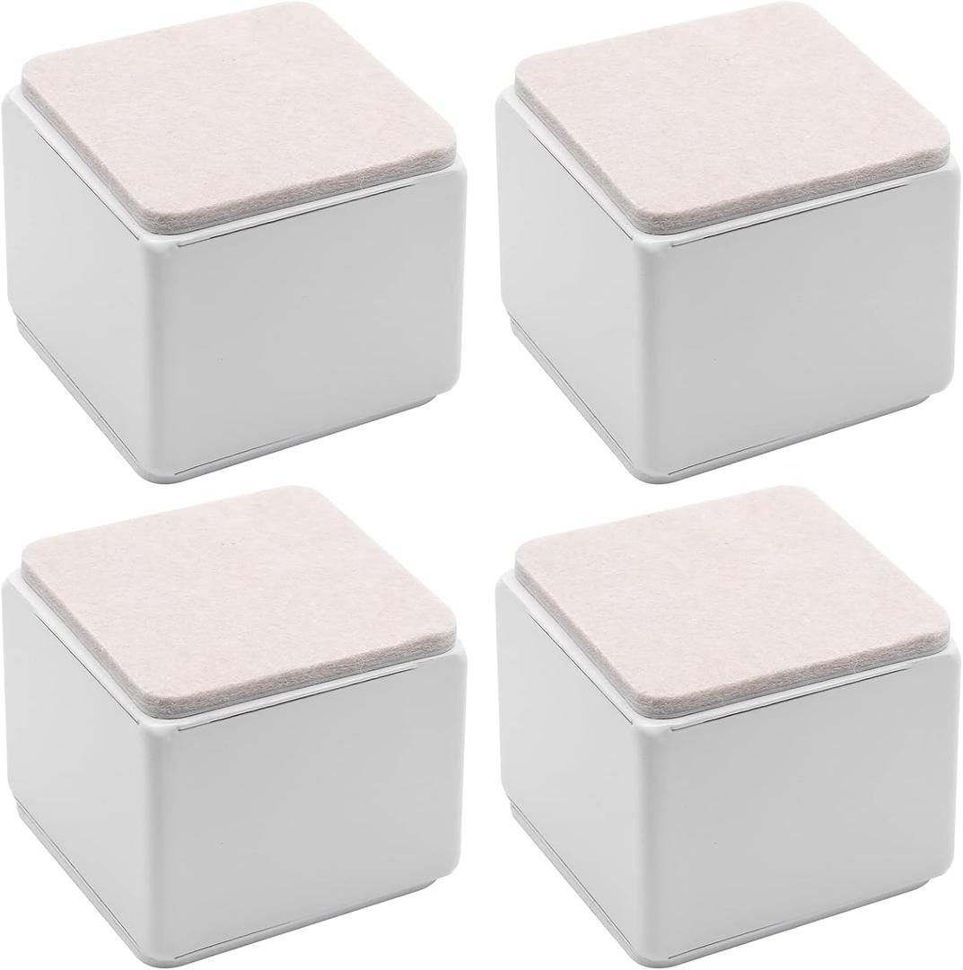 4 Pcs Self-Adhesive Furniture Bed Risers, Square Heavy Duty Carbon Steel Table Sofa Risers Adds 2" Height with Felt Pad,White