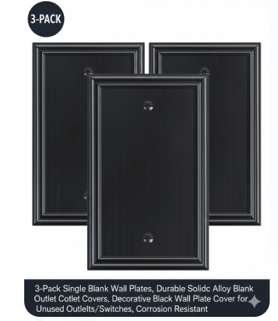 3-Pack Single Blank Wall Plates, Durable Solid Zinc Alloy Blank Outlet Covers, Decorative Black Wall Plate Cover for Unused Outlets/Switches, Corrosion Resistant