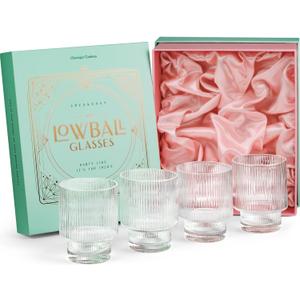 GLASSIQUE CADEAU Vintage Art Deco Ribbed Lowball Cocktail Glasses | Set of 4 | 12 oz Crystal Double Old Fashioned Tumblers for Drinking Classic Whiskey, Gin, Vodka Bar Drinks | Round Glassware
