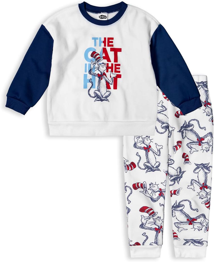 Dr. Seuss Cat in the Hat Boys Fleece Crewneck Top and Pants Set for Toddlers (3T, White)