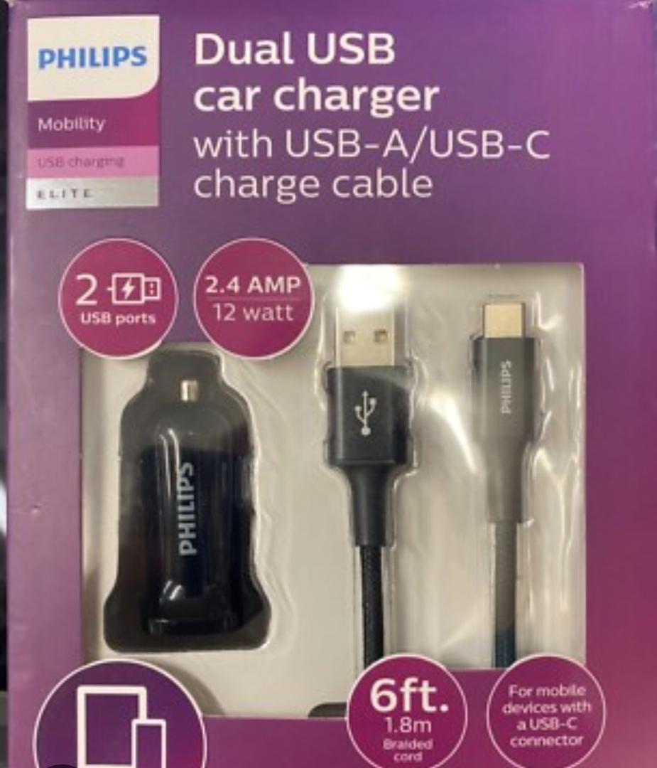 The product is a Philips Dual USB car charger with a USB-A and USB-C charge cable.
It has two USB ports and provides 2.4 AMPs and 12 watts of power. 
The included braided cable is 6 feet (1.8 meters) long.