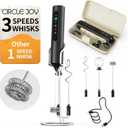 CIRCLE JOY Rechargeable Handheld Milk Frother Wand with Stand, 3 Variable Speeds, 3 Whisks and Storage Box, Electric Drink Mixer for Latte, Cappuccino, Hot Chocolate, Eggs and Protein Powder, Black