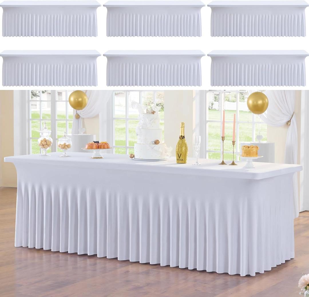 6pk White 8ft Spandex Tablecloths for Rectangle Tables, Wrinkle Free Wavy White Table Skirt Stretchy Fitted Table Cloth Covers 8 Foot for Weddings Birthday Party Events Banquette Baby Shower
