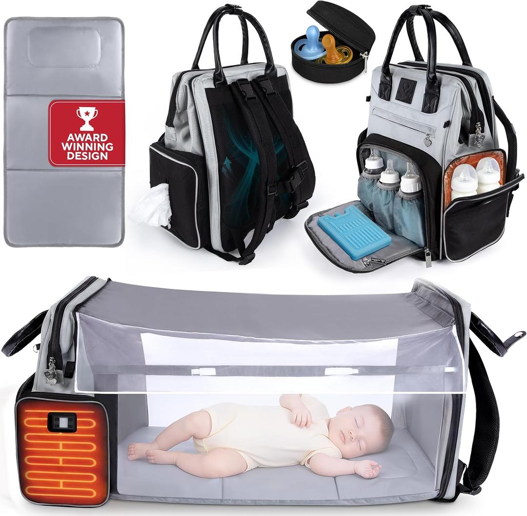 Award-Winning Large Diaper Bag with Changing Station  Eco-Friendly Evergreen Winner Large Diaper Bag Backpack w/ Heated Bottle Pockets, Premium All-in-One Backpack, Baby Essentials, Parents Gift (Black/Gray)