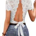 Remidoo Women's Sexy Self Tie Backless Tops Scallop Trim Lace Shirt Square Neck Crop Top (White, S)