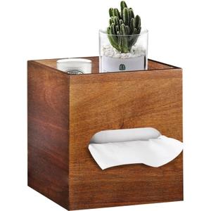 Square Tissue Box Cover with Storage Tray,Acacia Wood Tissue Box Holder for Desktop Nightstand Bathroom Office,Decorative Facial Tissue Cube Box Cover/Organizer for Modern Home Decor (Brown)