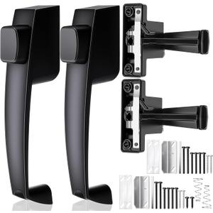 Novabright 2 Set Storm and Screen Door Push Button Latch, Fits Doors 5/8 –1-1/4” Thick, Storm Screen Door Handle Replacement with Latch, Easy Installation, No Lock-Out, Aluminum Finish, Modern(Black)