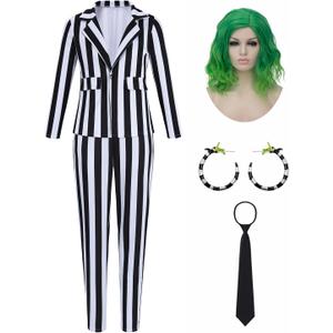 Adult Black and White Striped Suit for Women Horror Movie Character Cosplay Halloween Costumes Striped Blazer Outfit (Medium)