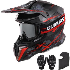 OUMURS Adult ATV Dirt Bike Helmet with Gloves & Mask Adjustable Sun Visor Motorcycle Adult Helmet Off-Road Motocross Downhill Moped MX for Unisex-Adult-Red Skull, L