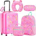 Redbaker 17 Inch 6 Pcs Kids Luggage Set Kids Rolling Luggage Double Pattern Suitcase for Boys Girls (Dusty Pink, Rainbow Style)