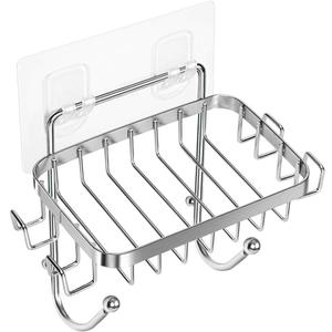 ODesign Soap Dish Holder SUS304 Stainless Steel with 6 Hooks Loofah Bath Sponge Towel Razor Holder for Bathroom Shower Kitchen Adhesive Wall Mounted No Drilling-Silver-1 Pack