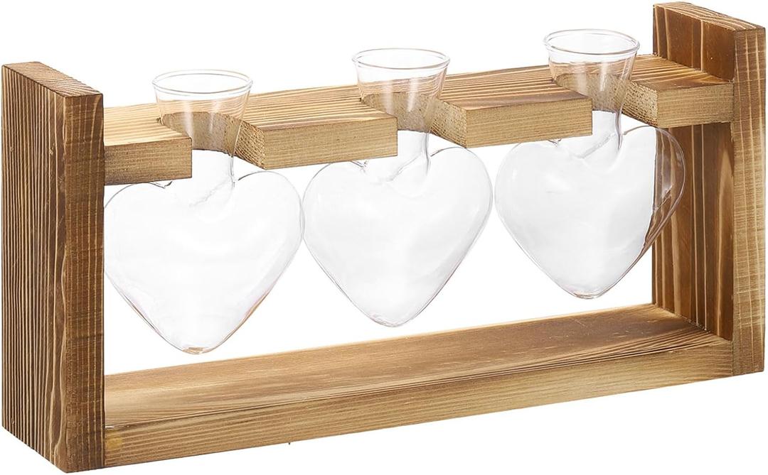 PATIKIL Propagation Vases for Plants with Wooden Stand, Heart Shaped Glass Vase for Home Office Decor Housewarming Gifts, Wood Color (3 Bulb)