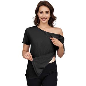 Women's Post Shoulder Surgery Tear Away Shirt Short Sleeve Side Snap Chemo Port Postpartum Shirts Adaptive Clothing (Black, S)