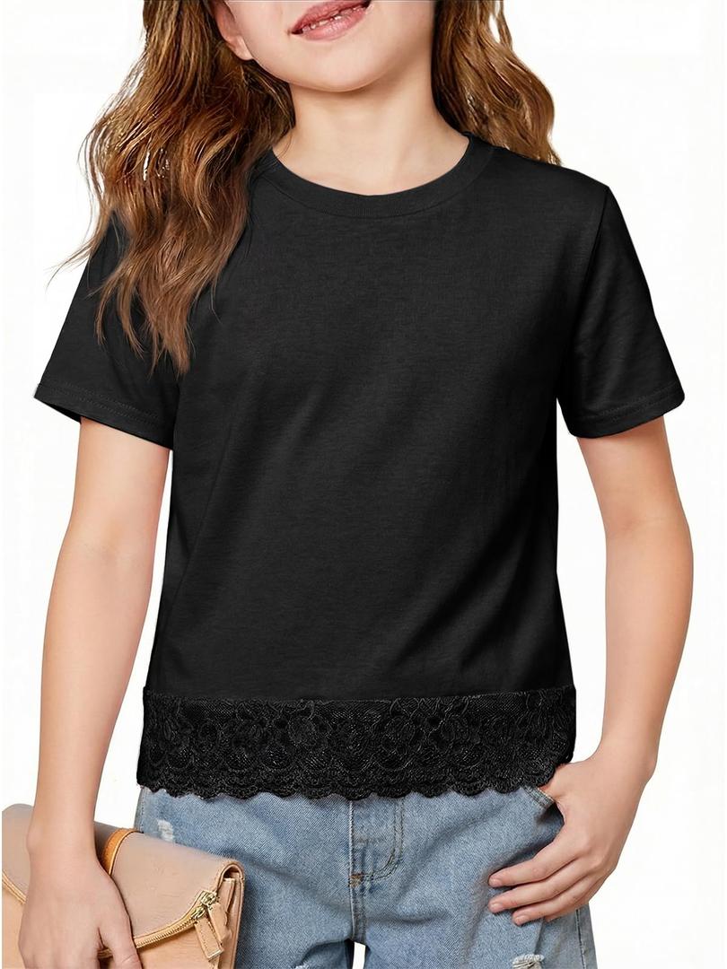 ZDC Girls Short Sleeve Lace Hem T Shirts Crewneck Casual Blouse Kids Summer Tops Tees 5-14 Years Black (Black)