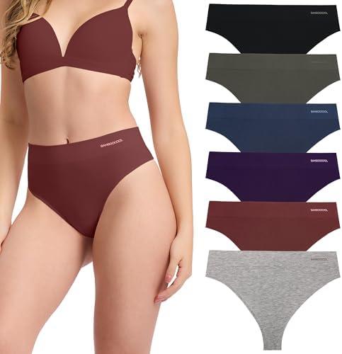 BAMBOO COOL Women's Thongs High Waisted Seamless Moisture-Wicking Breathable Underwear Stretchy Panties Tagless 6 Pack S