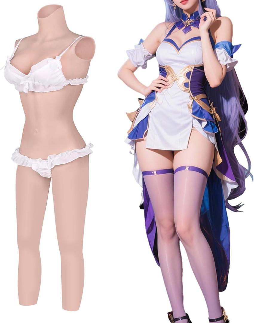 Female Silicone Full Body Suit High Neck Gel Breast Plates Transgender Crossdressing Apparel Male to Female Bodysuit (Natural)