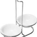 MyGift Set of 2 Ceramic Spoon Rest, Upright Ladle Holder Ceramic Dish with Silver Stainless Steel Rack (Double)