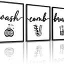 3D Wood Funny Bathroom Wall Art, Framed Black and White Bathroom Pictures Wall Decor, Cute Toilet Pictures for Bathroom Signs Decor(Ready to Hang, 12x16 inches, Set of 3, Framed) (Wash Comb Brush)