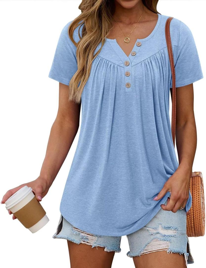 Women's Summer Tops Short Sleeve Shirts Henley Loose Fit Tunic Ladies Flowy Blouse Plus Size (Blue, M)