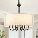 18'' Drum Chandeliers for Dining Room, 6-Light Black Farmhouse Chandelier Linen Drum Light Fixture, Round Chandelier Hanging Pendant Lighting for Bedroom Living Room Foyer