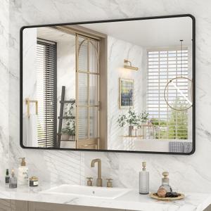OKPAL 44X30 Inch Black Bathroom Mirror for Wall, Bathroom Vanity Frame Mirror, Matte Black Rectangle Mirror, Round Corner, Rustproof, Shatter-Proof (Horizontal/Vertical)