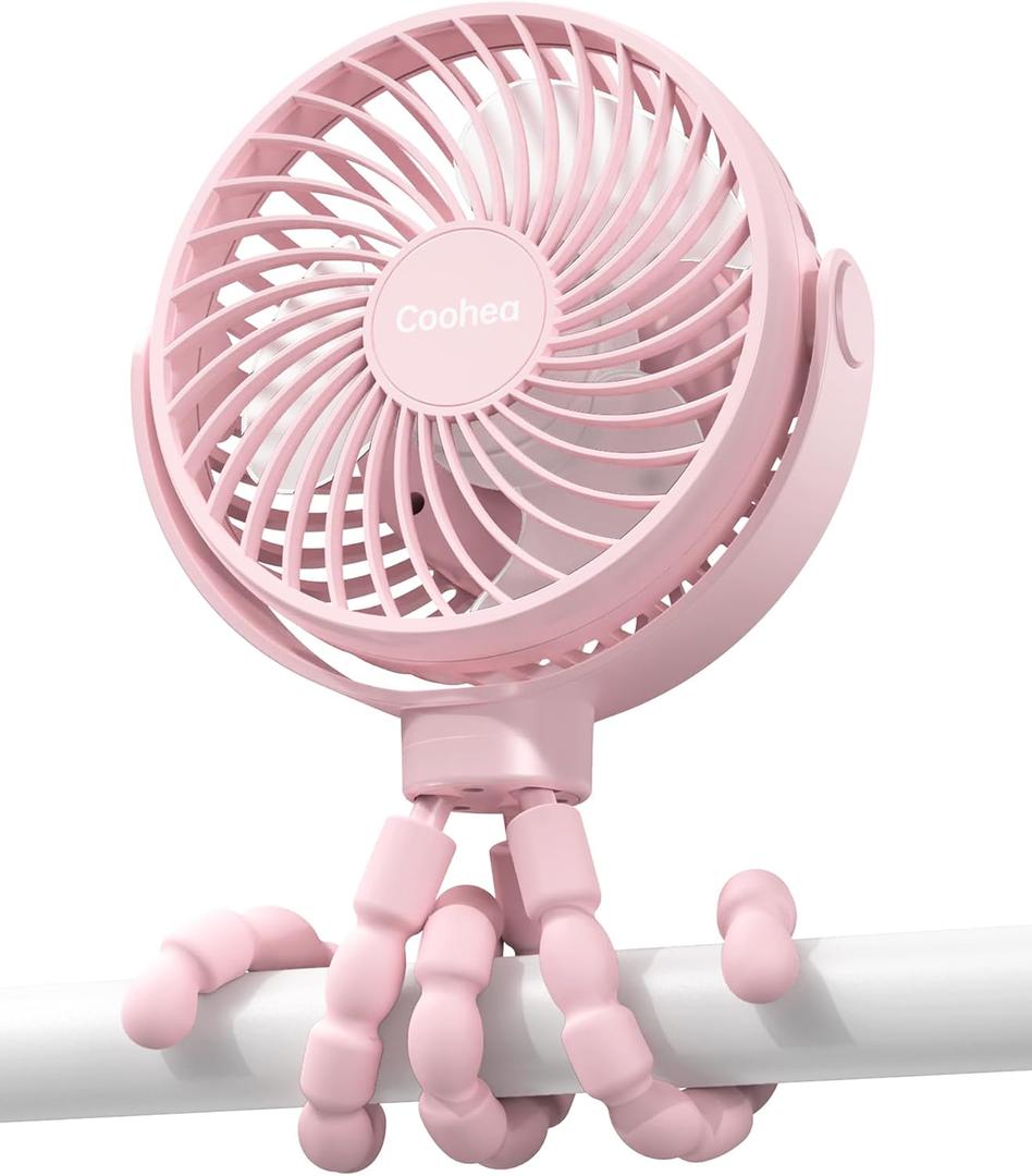 Stroller Fan Clip on for Baby, 4000mAh Rechargeable Battery Operated, Flexible Tripod, 3 Wind Speed, 360 Rotatable, Small Portable Fan for Car Seat Crib Backseat Beach Travel Camping, Pink