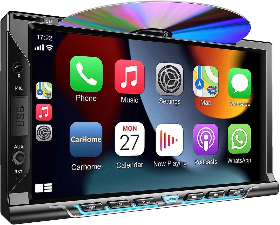 Double Din car Stereo with CD/DVD Player- CarPlay & Android Auto, Car Audio with Bluetooth, 7 Inch HD Touchscreen, Rear Camera, USB/TF/AUX, AM/FM, Subwoofer Radio Receiver