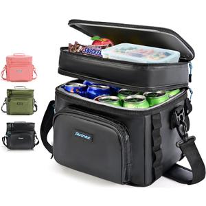 Double-Layer Insulated Cooler Foldable Lunch Box, Leakproof Cooler Bag for Men & Women, Shoulder Strap, Bottle Opener, for Beach, Camping, Car (Black)