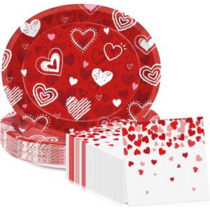 50Pcs Valentine's Day Oval Paper Plates and Napkins, Heart and Love-Themed Tableware Set Serve 25 Guests, Large 10"x12.5" Heavy Duty Plates and 6.5'' Napkins, Disposable Valentine's Day Party Supplies