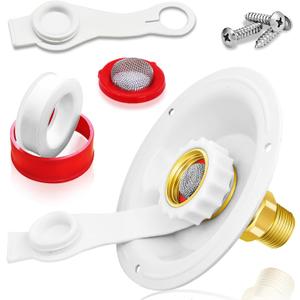 RV City Water Inlet with Check Valve, RV Water Fill Inlet Connection with 3/4 NH Female to 1/2 NPT Male Lead-free Brass City Water Inlet Flange for RV, RV Water Inlet Replacement (White Big Flange)