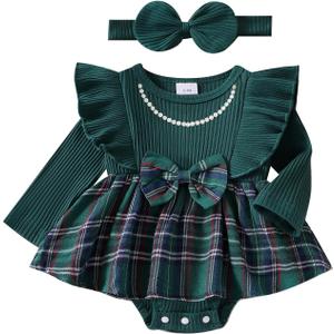 FIOMVA My First Christmas Baby Girl Outfit Newborn Velvet Ruffle Romper Dress Infant Bodysuit Cute Fall Winter Clothes (F Plaid Green,6-9 Months)