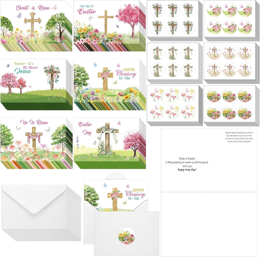 Dispowreath 240 Pcs Inspirations Easter Card Bulk with Scripture Easter Greeting Cards with Envelops Stickers He Is Risen Cards Spring Jesus Cross Inspiring Bible Cards for Christians Party Favors