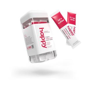 happy instant coffee, medium roast with notes of caramel and glee, 8 packets, single serve, use for hot or iced coffee, sustainably sourced