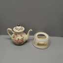 Vintage Ceramic Tea Pot, Heatable with Warmer, Decor for Party, Camping or Wedding, 25 oz/ 2 Cup, White with Pink Roses & Gold Trim