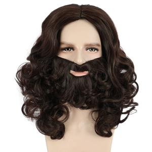 karlery Adult Men Long Wave Brown Mustache Beard Wig Halloween Costume Cosplay Party Wig