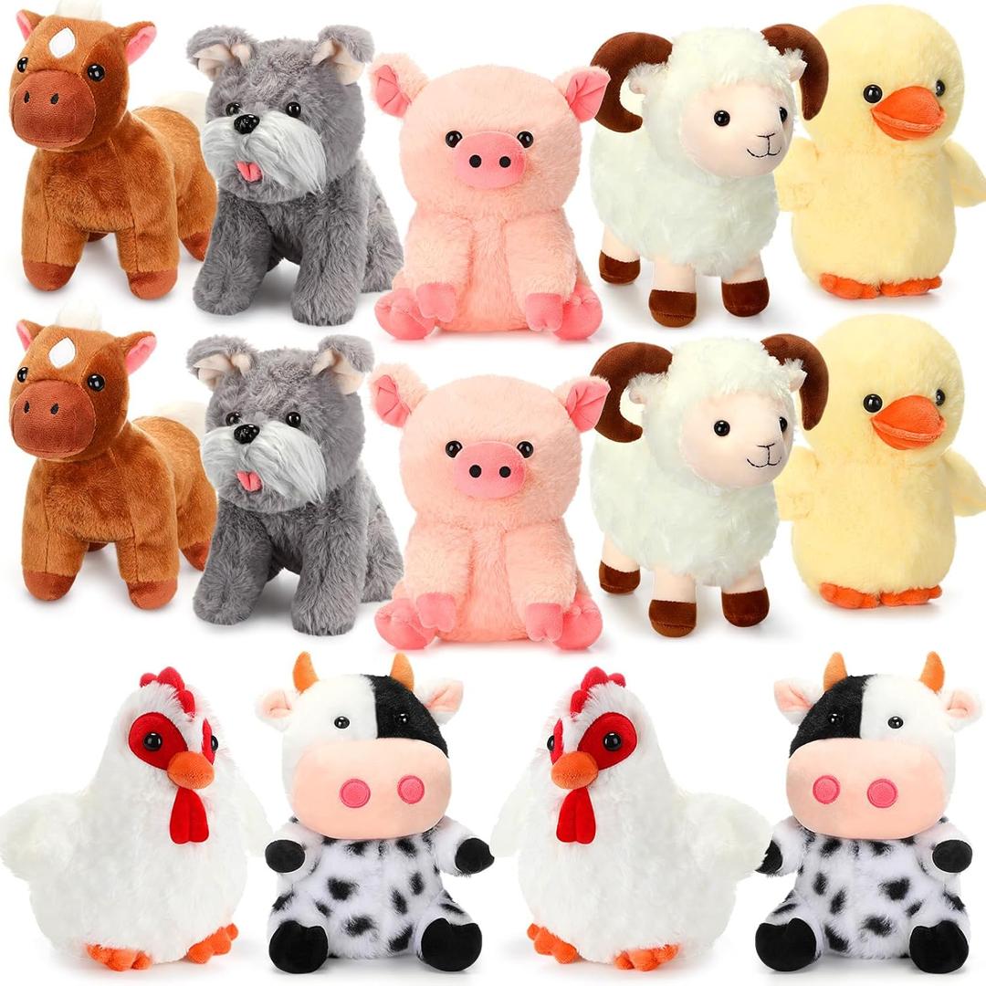 Hiboom 7 Pack Farm Stuffed Plush Animals Toys Set 8 Inch Barnyard Stuffed Animals Bulk Soft Pig Rooster Horse Duck Sheep Cow Dog Toy Gifts for Birthday Party Favor Supplies Operation Christmas Items
