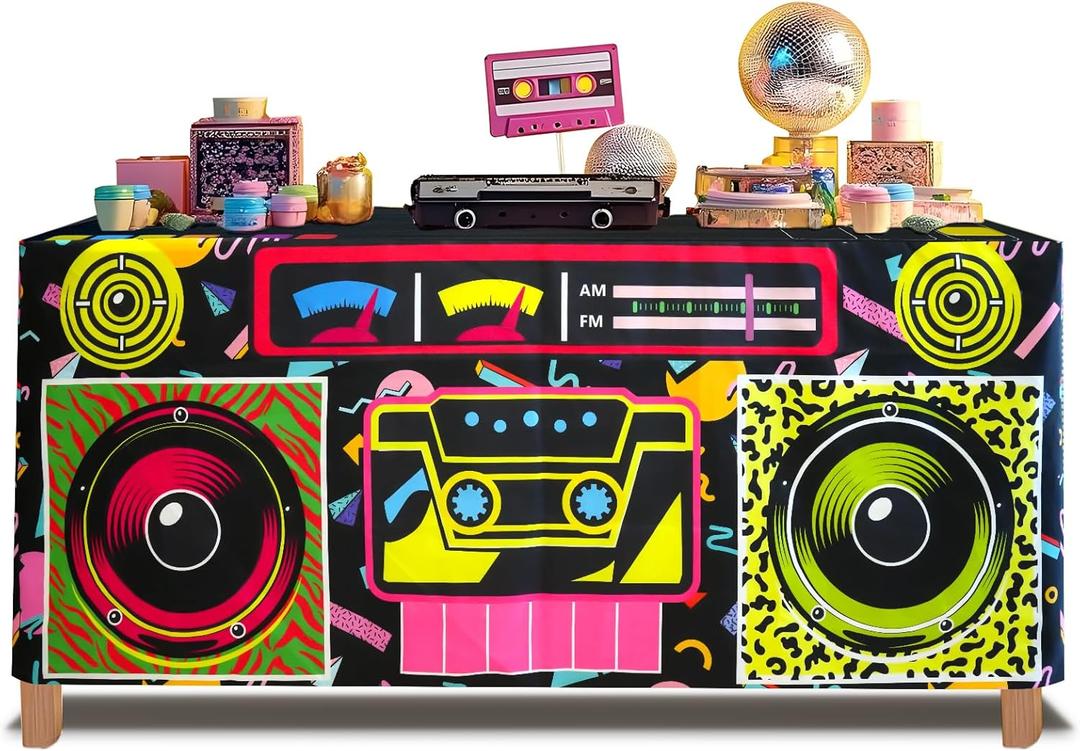 8FT 80s 90s Theme Party Tablecloth, 80s 90s Decorations for Back to 80s 90s Hip Hop Birthday Party (96" x 30" (Rectangular), Black-radio)