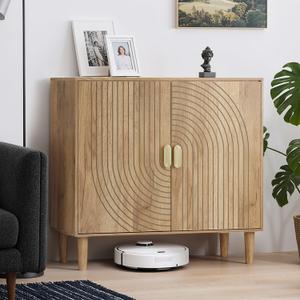 Smuxee Oak Sideboard Cabinet, Freestanding Buffet Cabinet with Line Groove Design, Wood Storage Cabinet with Adjustable Shelf for Living Room, Entryway, Hallway, Wide-31.5 in