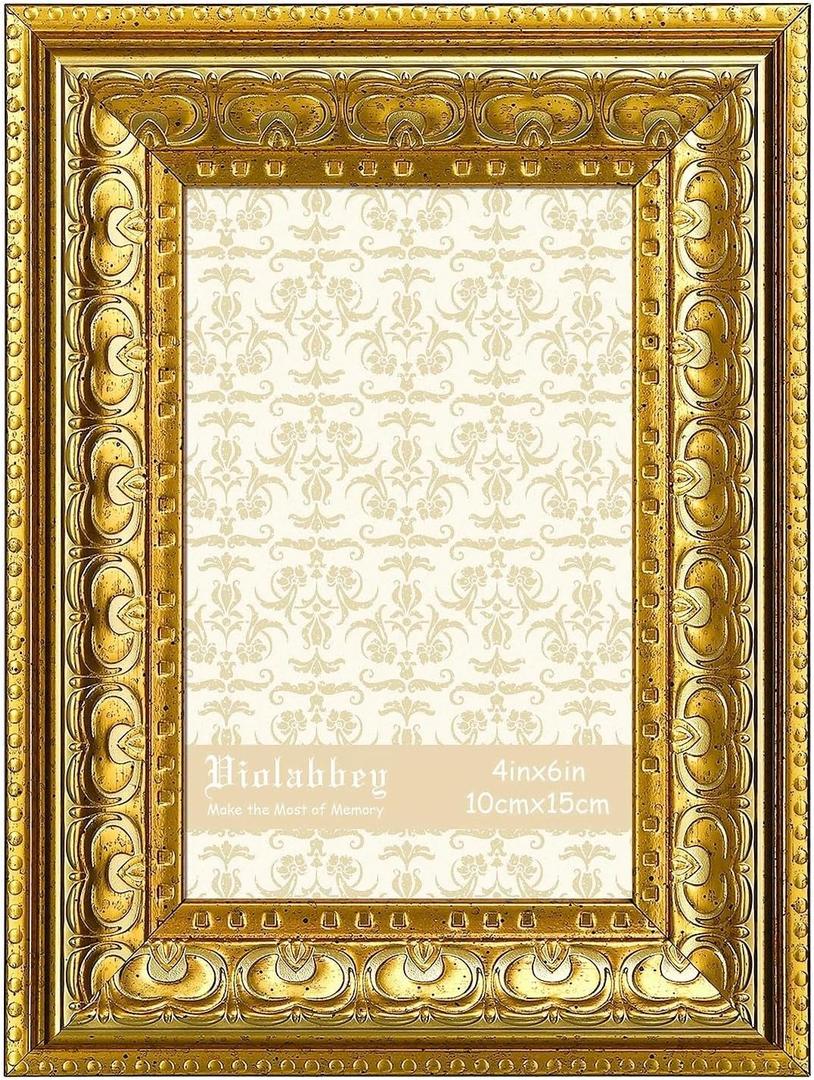 VIOLABBEY 4x6 Picture Frame Gold, Vintage Photo Frame for Wall or Tabletop Display, Classic Design for Office Home Decor, Fits 4x6 Pictures