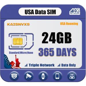 Upgraded Data Only SIM Card for Security Camera - 24GB High Speed Data Compatible with The USA Nationwide Networks for Unlocked 4G Cellular Cameras, Smart Watches, Tablet, 365 Days Data Service