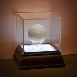 Golf Ball Display Case with Light, UV Protected Clear Acrylic Cube with Wood Base, Sports Memorabilia Display Holder for Single Ball Souvenir Golf Ball Collections (Golfball Box+LED)