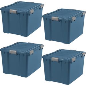 IRIS USA WeatherPro 74 Qt Eco-Friendly Storage Bins with Lids, 4 Pack, BPA-Free Plastic Gasket Box with Tight Latch and Seal, Stackable Nestable Tote Tub - Navy